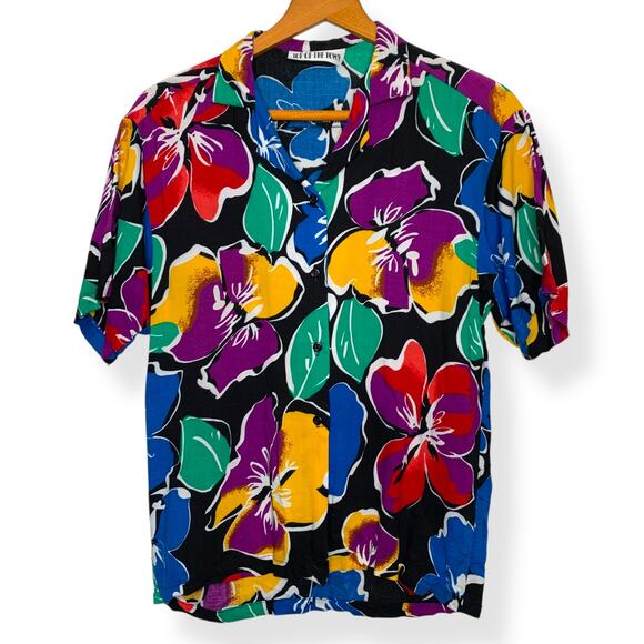 Vintage 80s Top of the Town tropical Hawaiian floral print button up shirt SZ S - Picture 1 of 7
